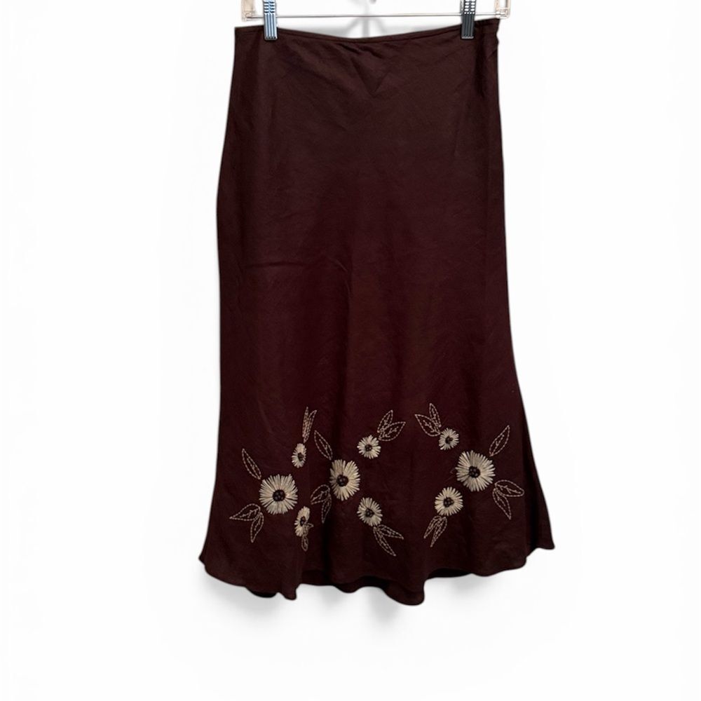 Ecologie Floral Embroidered Brown Linen Maxi Skirt with Bead Floral Hem. Size 6